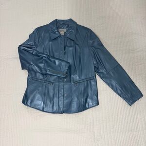 Y2K Metallic Blue Pearl Genuine Leather Blazer Jacket | Size L | Sex & the City